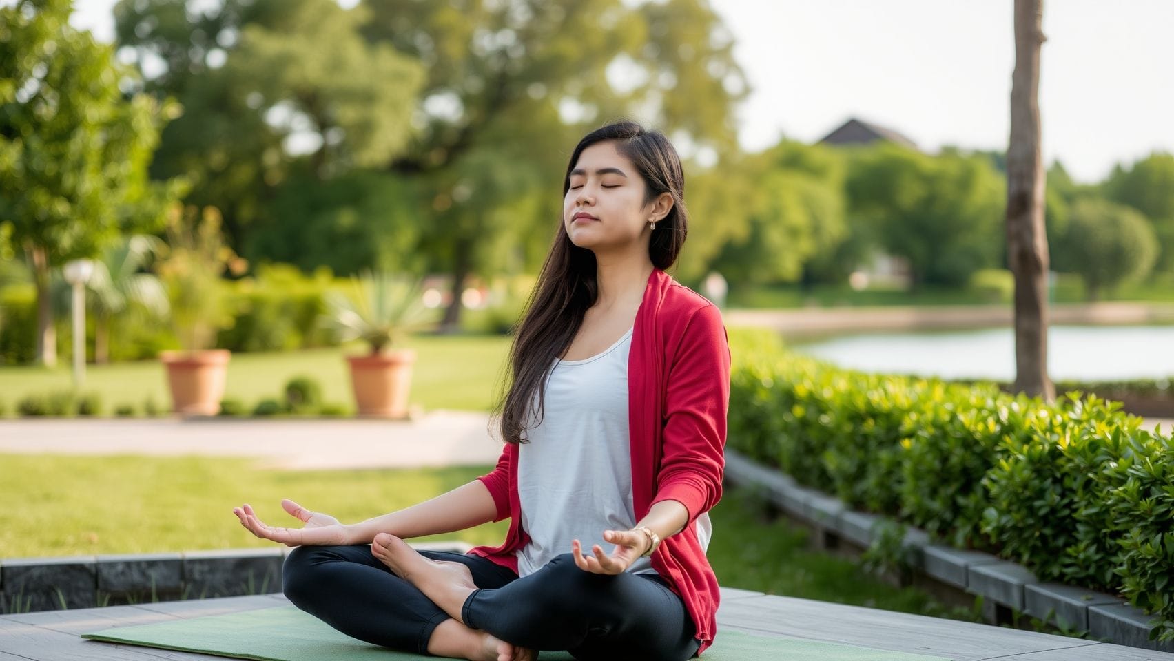 퇴근 후 편안하게 명상하는 여성의 모습