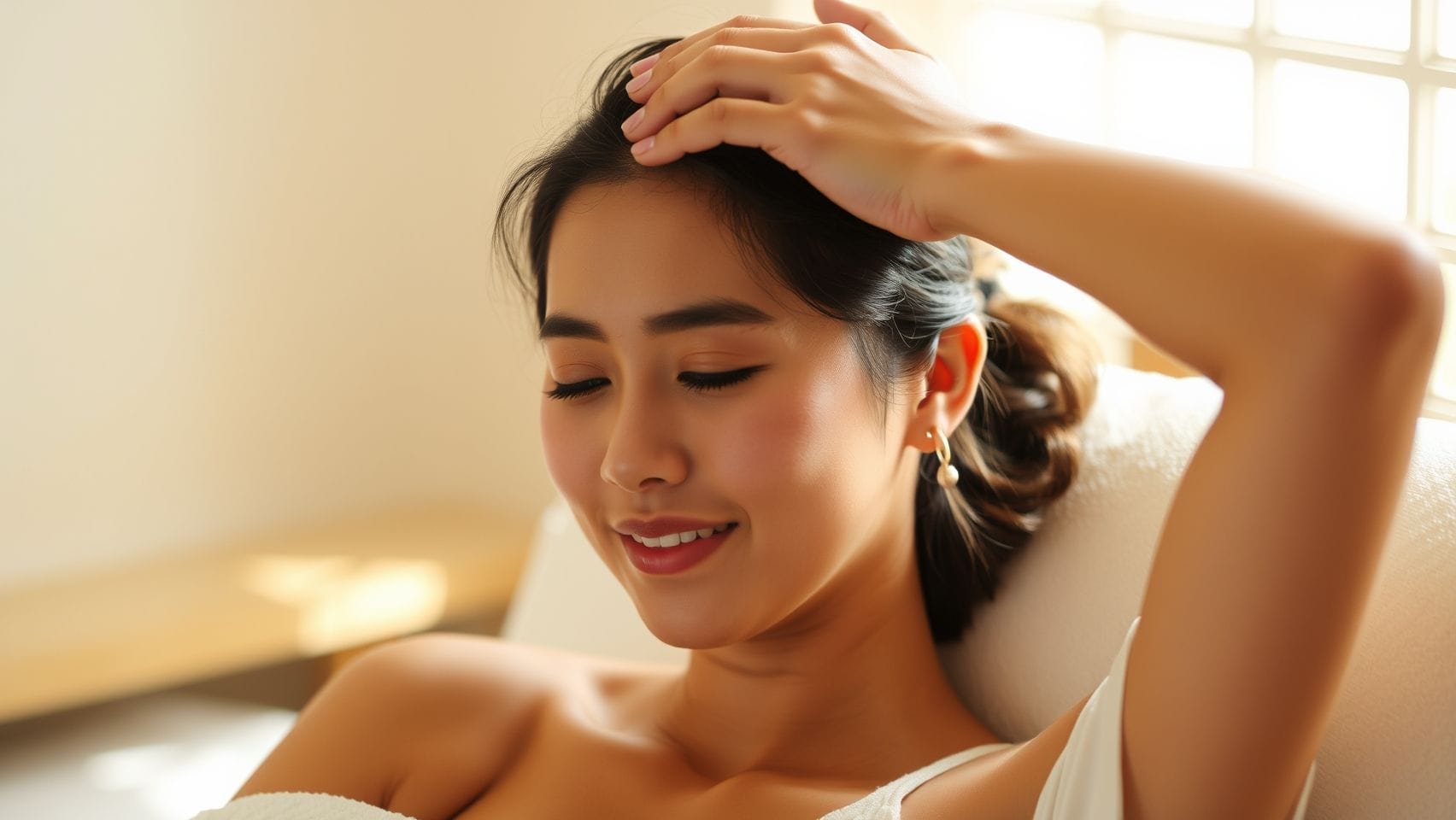 편안한 표정으로 두피 마사지를 하는 여성의 모습
