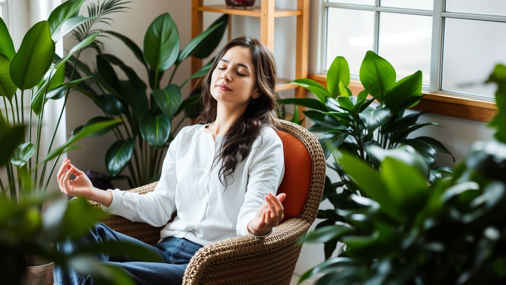 편안한 의자에 앉아 명상하는 여성의 모습