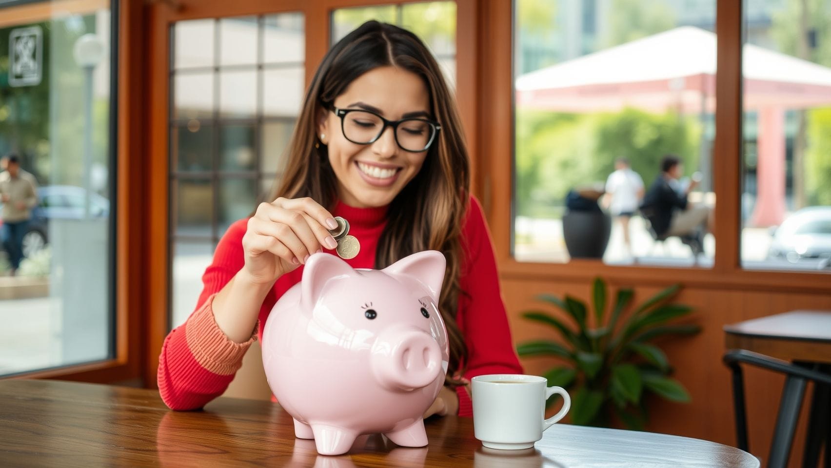 커피를 마시는 대신 주식 투자를 하는 여성의 이미지