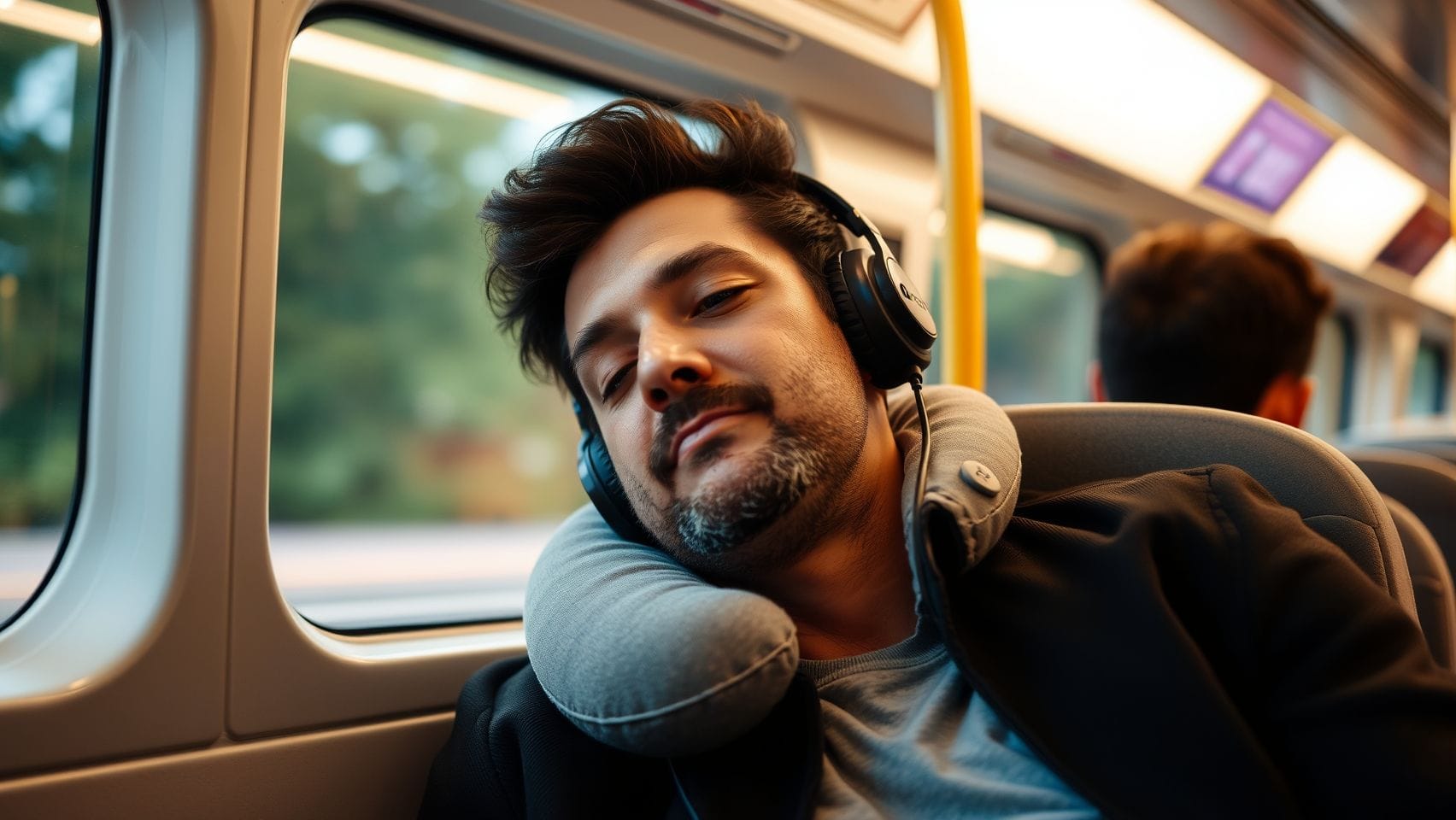 붐비는 대중교통 안에서 편안하게 휴식을 취하는 사람들의 모습