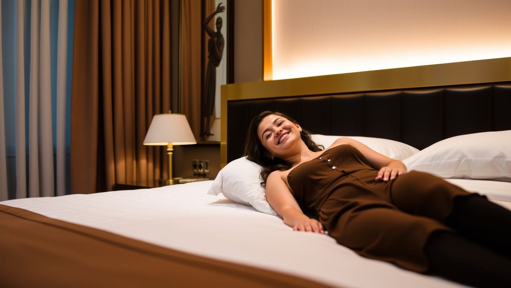호텔 침대에 누워있는 사람의 모습