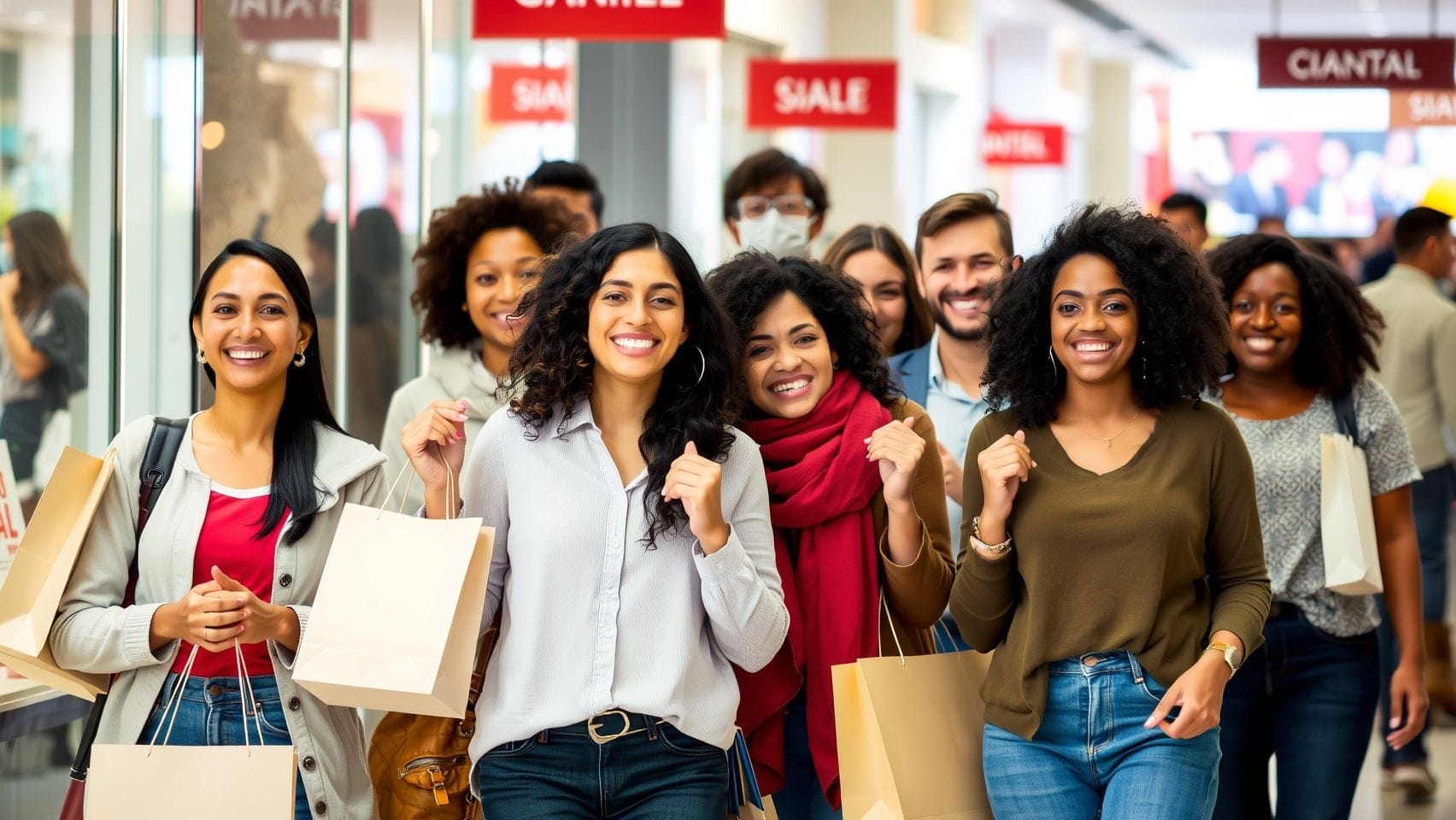 만족스러운 표정으로 쇼핑하는 사람들의 모습