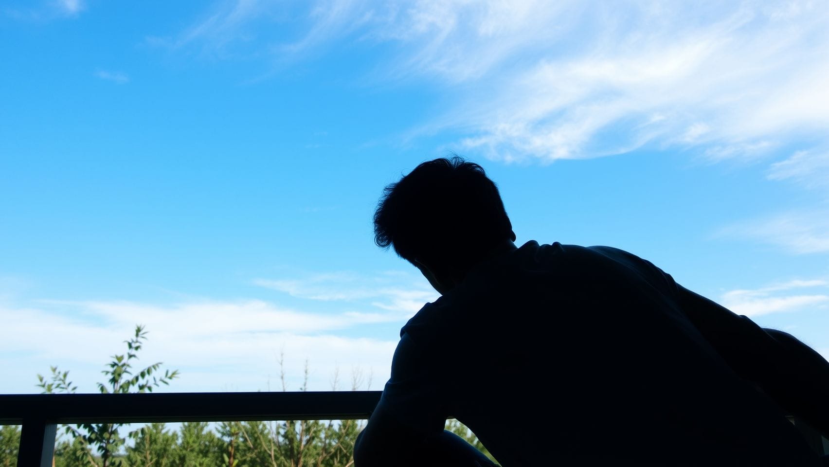 푸른 하늘을 바라보며 편안하게 앉아 멍 때리는 사람의 뒷모습