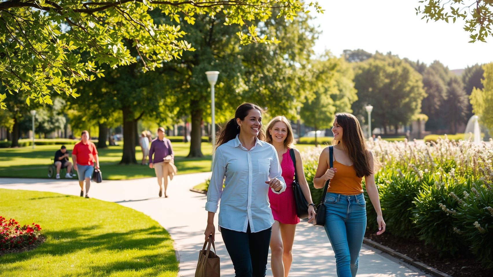 공원에서 편안하게 산책을 즐기는 사람들의 모습