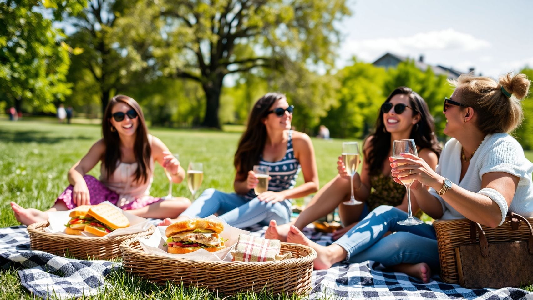 돗자리에 앉아 피크닉을 즐기는 사람들의 모습