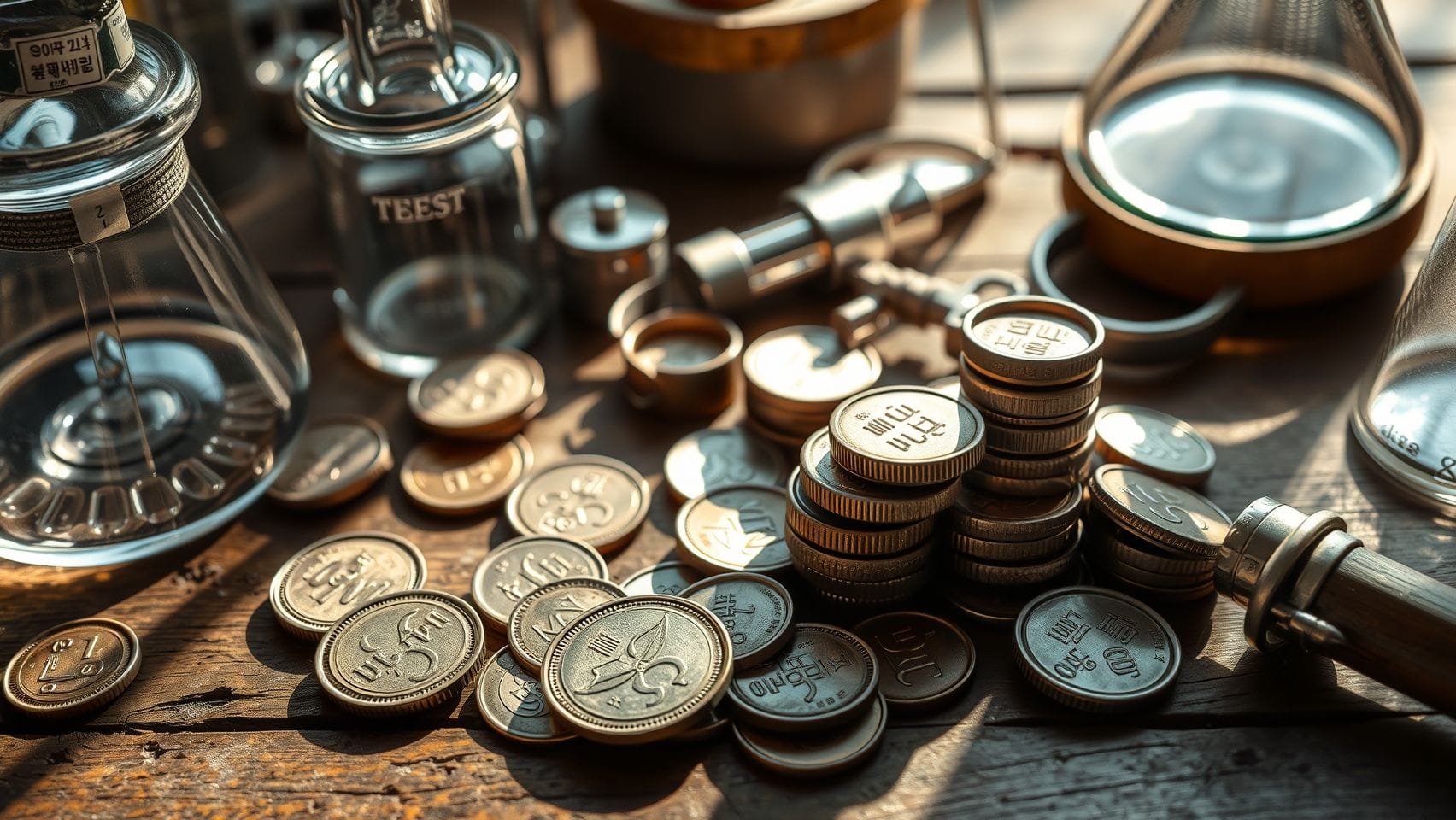 실험 도구와 엽전이 함께 놓여있는 이미지