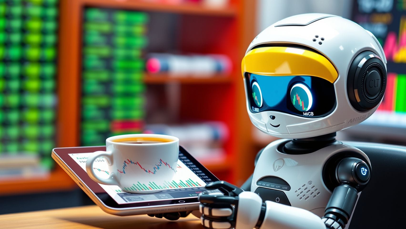 커피를 마시며 주식 차트를 보는 AI