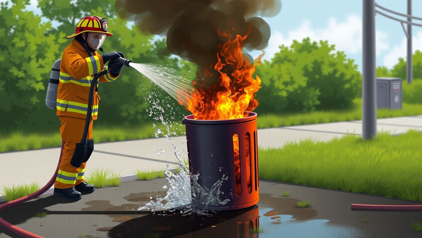 불타는 쓰레기통을 소방관이 호스로 진화하는 모습