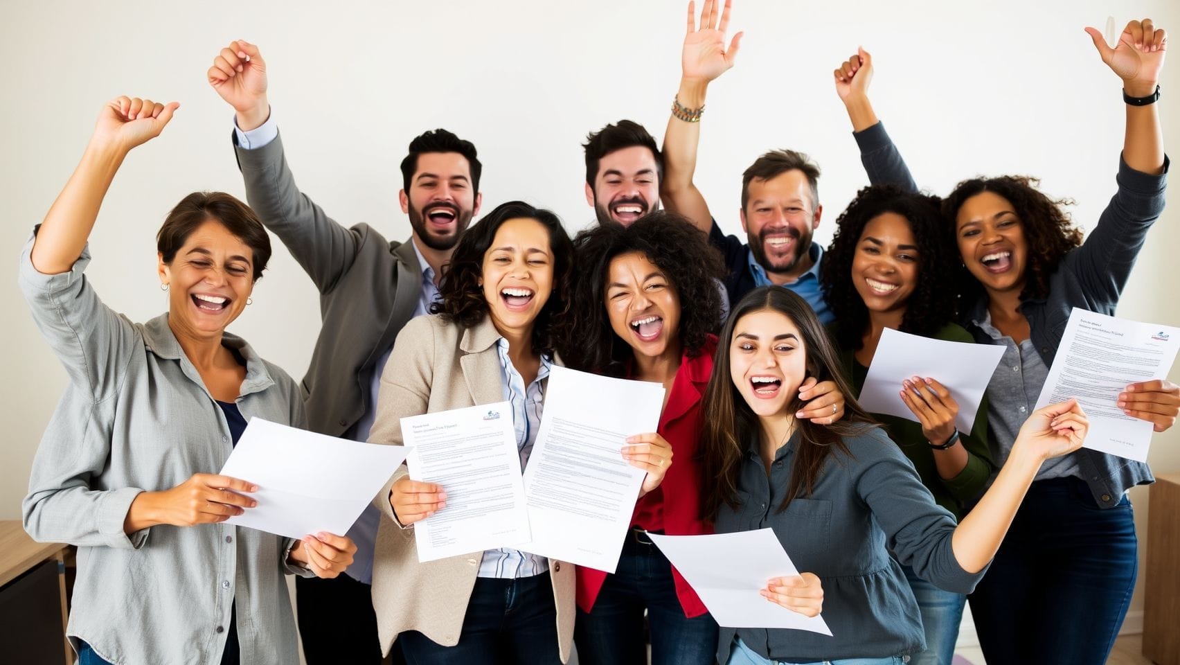보험금 청구 서류를 들고 기뻐하는 사람들의 모습