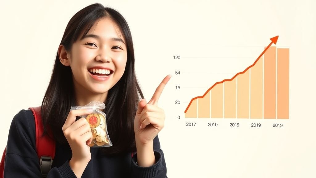 신용점수 상승 그래프와 엽전 주머니를 들고 기뻐하는 사회초년생의 모습