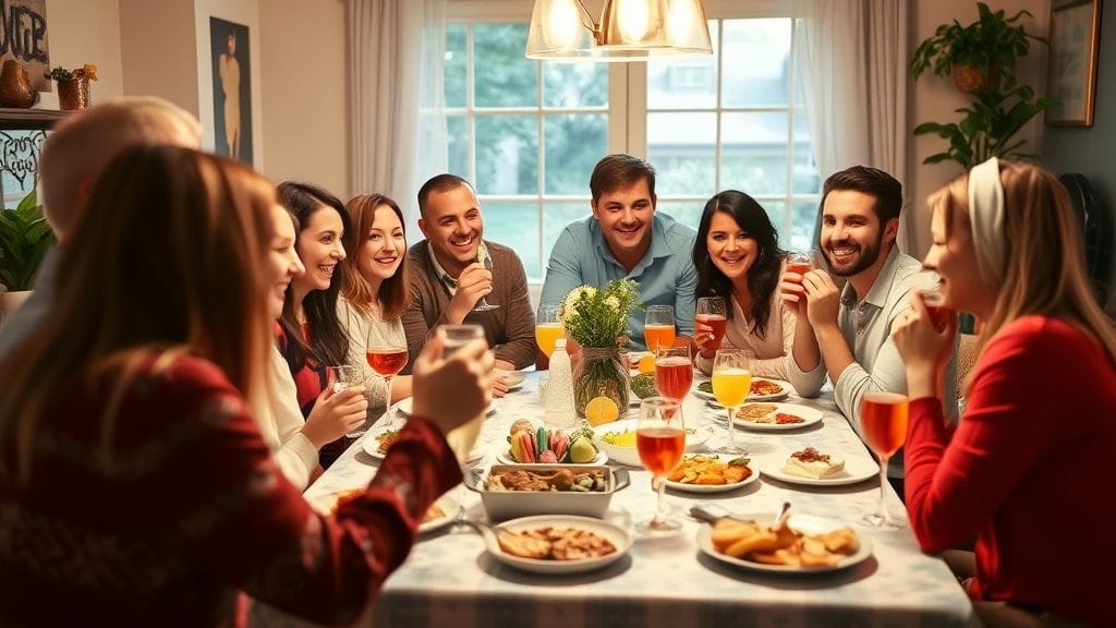 파티 테이블에 맛있는 음식과 음료가 차려져 있고, 친구들이 즐겁게 대화하는 모습