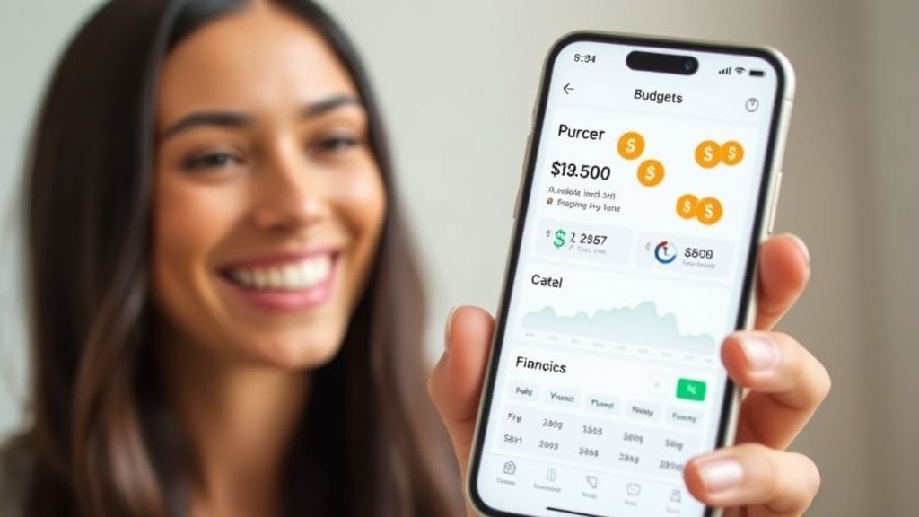 스마트폰으로 가계부 앱을 사용하는 사람이 환하게 웃고 있는 모습. 돈이 흐르는 듯한 아이콘과 깔끔한 인터페이스가 배경에 보인다.