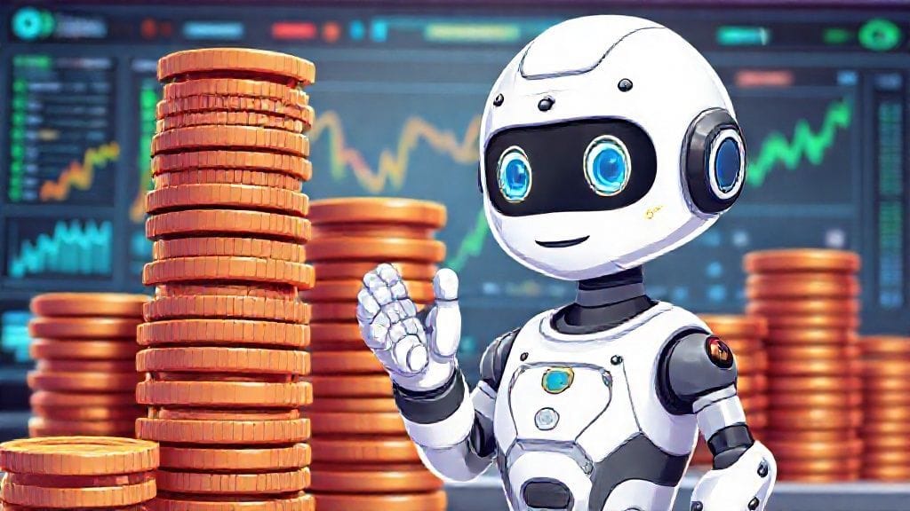 인공지능 로봇이 엽전과 금융 차트를 분석하는 이미지.