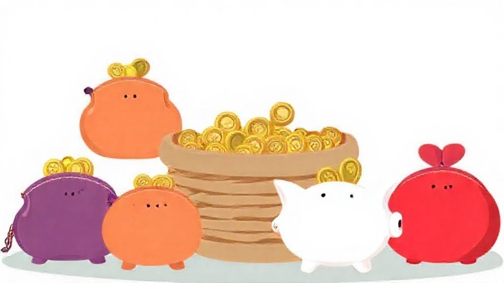 여러 가지 다른 종류의 돈 주머니 또는 저금통이 놓여 있는 이미지. 각 주머니에는 다른 종류의 엽전이나 작은 자산이 들어 있고, 한 바구니에 담지 않고 분산되어 있음을 시각적으로 보여줍니다.