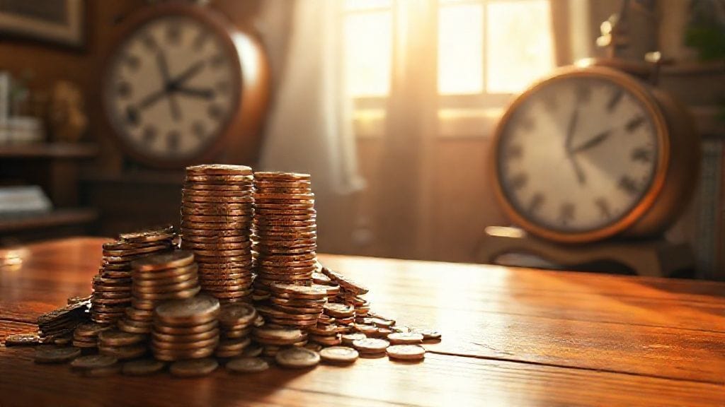 책상 위에 놓인 작은 엽전들이 점차 쌓여 큰 엽전 더미가 되는 모습, 그 배경에는 시간의 흐름을 상징하는 시계가 있고, 따뜻한 햇살이 비치는 희망찬 분위기