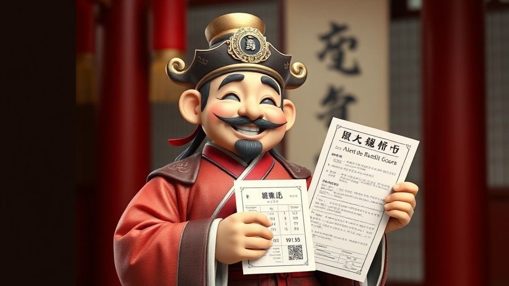 고대 한국의 노비가 신용 점수 관련 서류를 들고 뿌듯하게 웃고 있는 모습