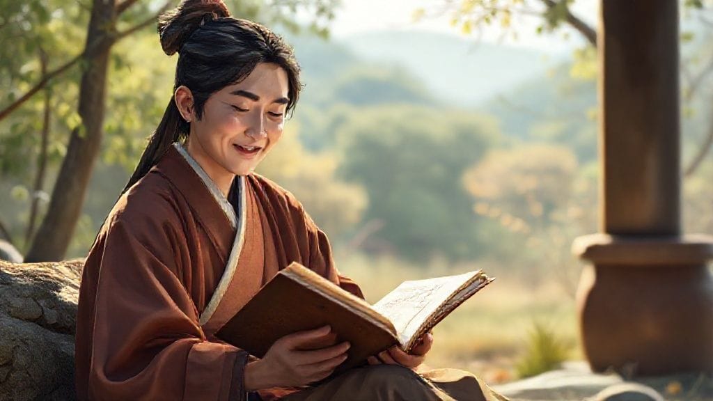 스마트폰에서 벗어나 자연 속에서 평화롭게 책을 읽고 있는 노비의 모습.