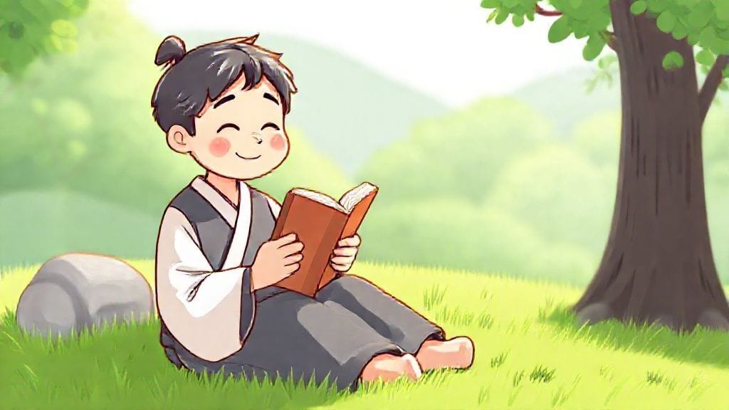 푸른 잔디밭에 앉아 스마트폰 대신 책을 읽는 평화로운 노비의 모습