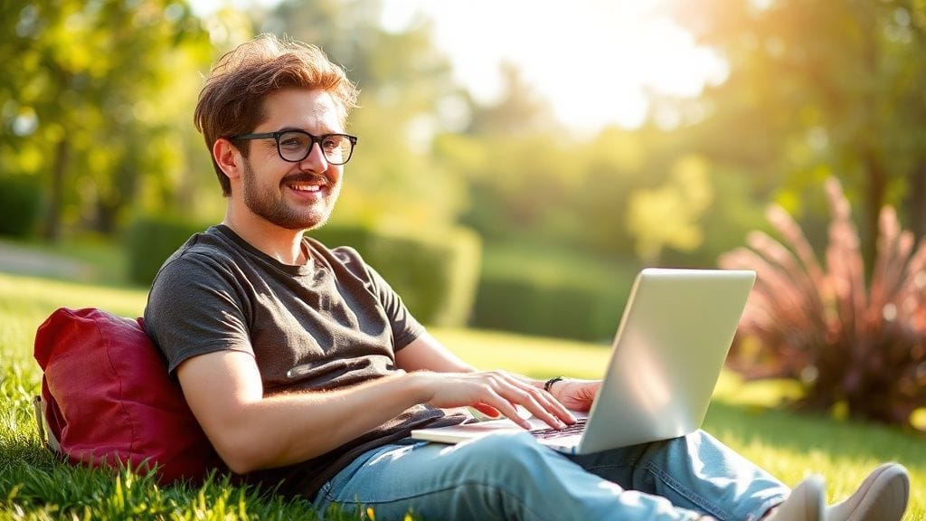 푸른 잔디밭에 앉아 여유롭게 노트북을 보고 있는 젊은 사람의 모습