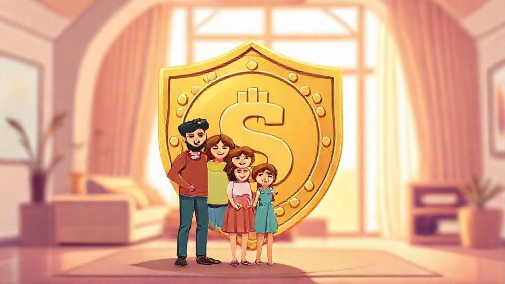 손에 들린 방패 모양의 동전이 가족을 지키고 있는 모습