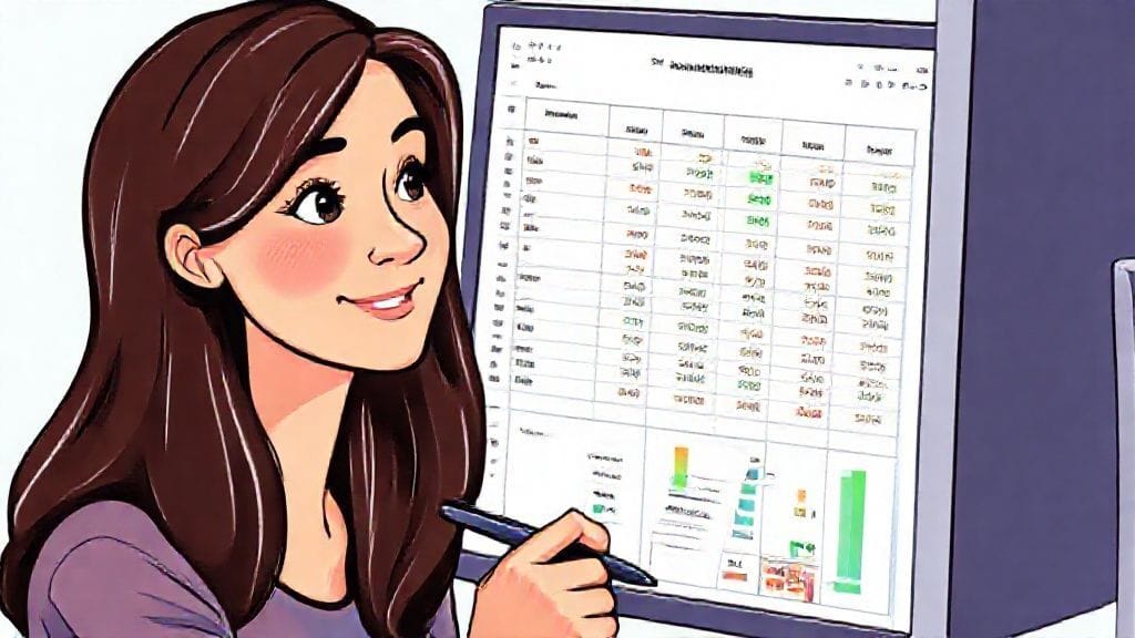 엑셀 스프레드시트에 다양한 재무 데이터가 그래프와 숫자로 시각적으로 정리되어 있고, 한 손에 펜을 든 사람이 만족스러운 표정으로 화면을 바라보고 있는 모습.