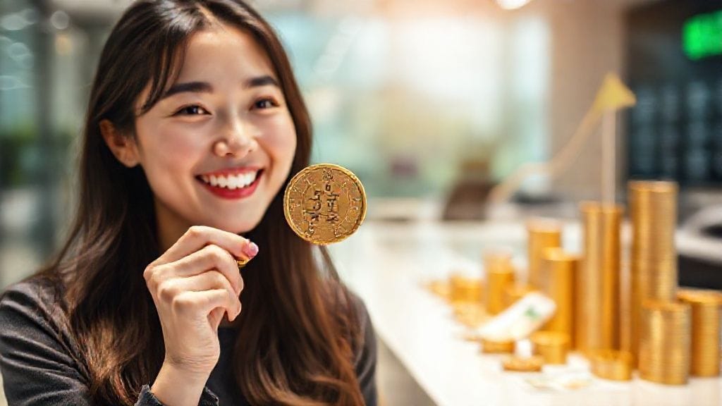 손에 들린 엽전을 바라보며 웃고 있는 젊은 여성. 배경에는 은행 창구와 돈이 쌓여있는 모습이 흐릿하게 보인다.