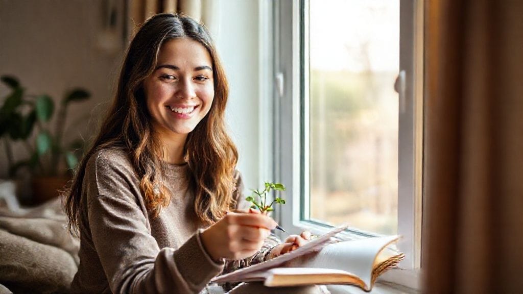 밝은 표정의 젊은 여성이 집에서 식물을 돌보거나 그림을 그리는 등 소박하지만 행복한 취미생활을 즐기는 모습