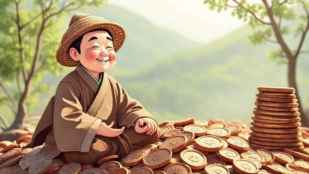 엽전 위에 앉아 명상하며 미소 짓는 편안한 노비의 모습