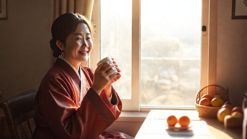 햇살 가득한 창가에서 커피를 마시며 하루를 시작하는 행복한 노비의 모습. 주변에는 신선한 과일과 정리된 책상이 있다.