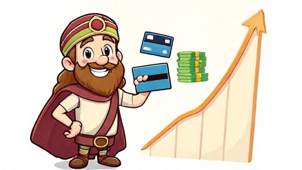 신용점수를 나타내는 그래프가 상승하고 있고, 그 위에 돈 뭉치가 쌓여 있는 모습. 옆에는 신용카드를 들고 미소 짓는 행복한 노비 캐릭터가 서 있다.