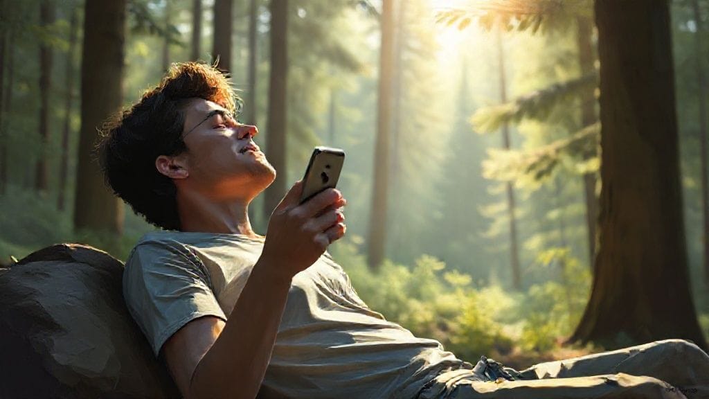숲속에서 스마트폰을 멀리 두고 평화롭게 휴식을 취하는 사람의 모습