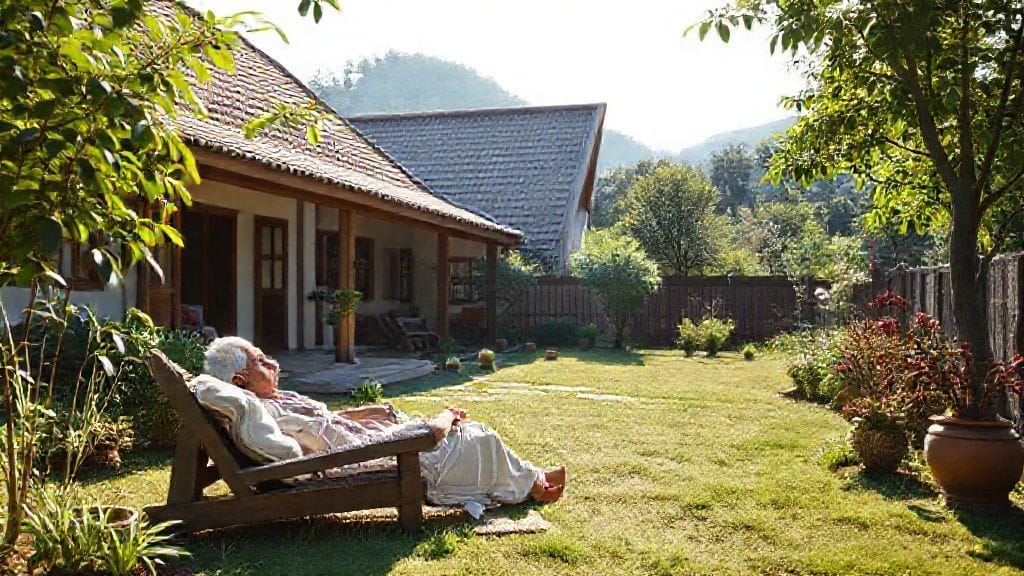 한가로이 정원에서 쉬고 있는 노비가 보이는 평화로운 전원주택 풍경