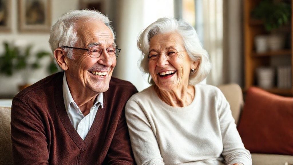 나이 든 부모님과 성인 자녀가 함께 행복하게 웃으며 대화하는 모습. 따뜻하고 안정적인 분위기.