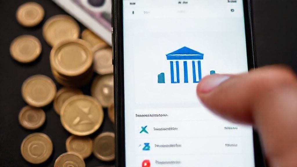 스마트폰 화면에 은행 앱이 띄워져 있고, 손가락이 화면을 터치하고 있는 모습. 배경에는 동전과 지폐가 깔려있어 금융 활동을 연상시킨다.