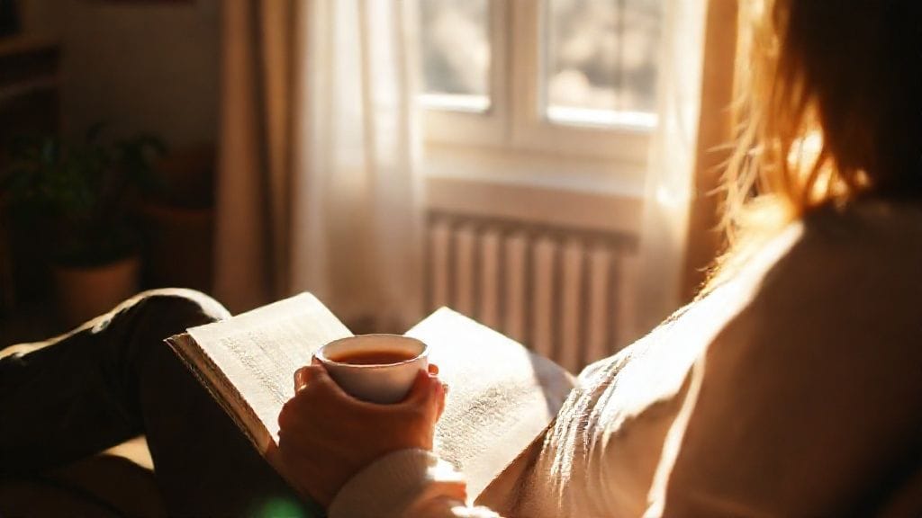 따뜻한 햇살 아래 편안하게 책을 읽고 있는 사람의 모습. 옆에는 차 한 잔과 작은 화분이 놓여있어 평화로운 분위기를 연출한다.