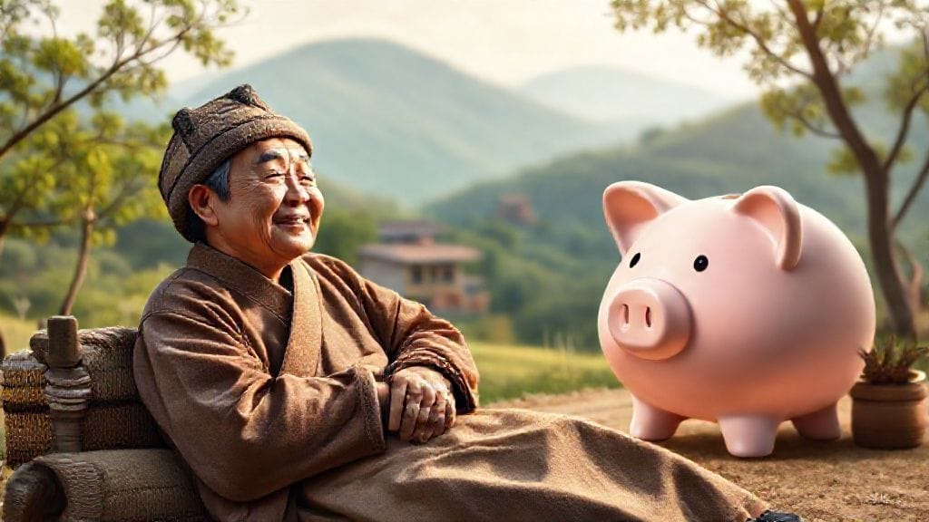 평화로운 풍경 속에서 편안하게 휴식을 취하는 노비와, 그 뒤로 보이는 든든한 연금 저금통.