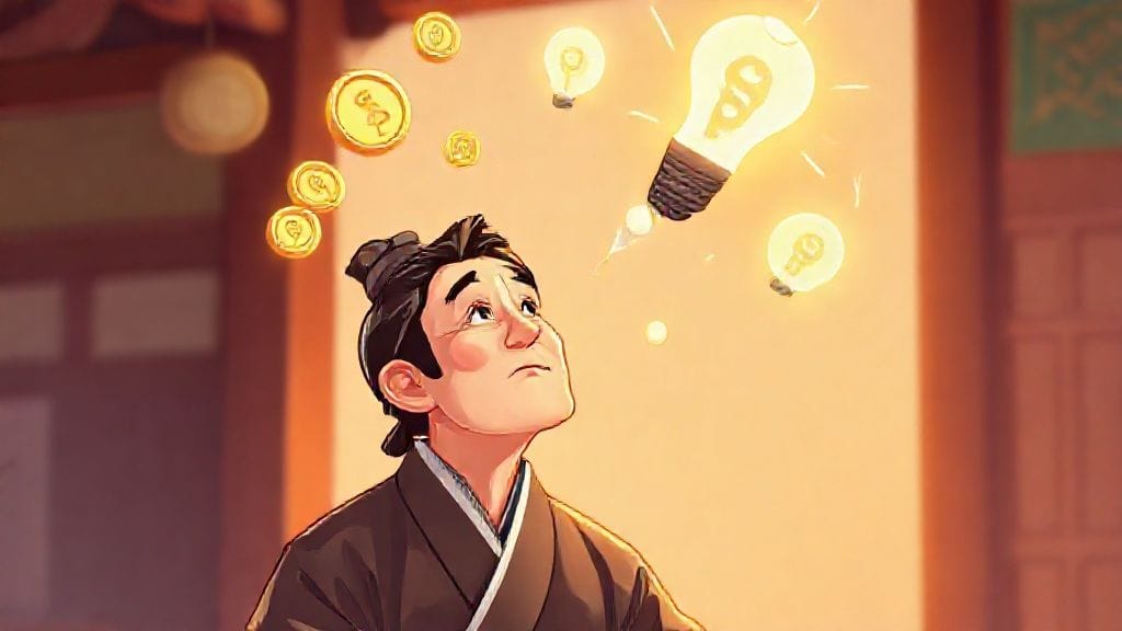 고민하는 노비가 돈 모양의 아이디어를 떠올리는 모습