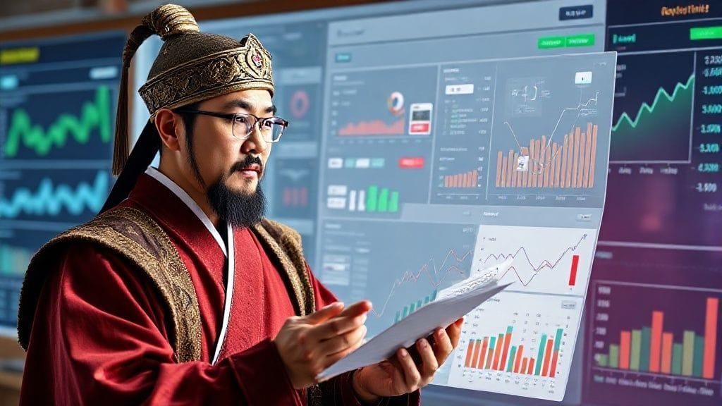 다양한 금융 상품들을 한눈에 비교 분석하며 최적의 선택을 하는 똑똑한 노비의 모습. 배경에는 그래프와 데이터가 시각화되어 있음.