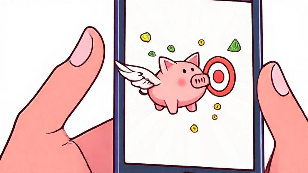 스마트폰 화면에 목표를 향해 달려가는 저금통과 돈다발이 보이는 그림