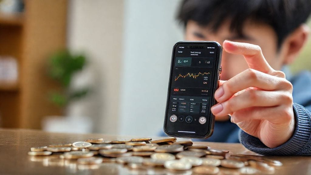 휴대폰 화면에 주식 투자 앱이 열려 있고, 그 앞에서 한 젊은이가 진지하게 화면을 들여다보는 모습. 주변에는 엽전이 흩뿌려져 있다.