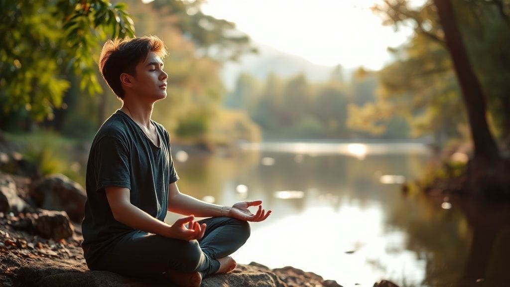 고요하게 명상하는 사람, 주변에는 자연의 평화로운 풍경이 펼쳐져 있음.