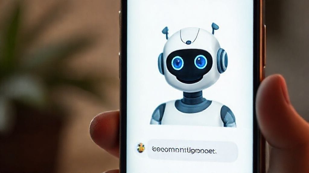 휴대폰 화면에 나타난 친근한 AI 챗봇 캐릭터가 경제 초보에게 금융 정보를 알려주는 모습