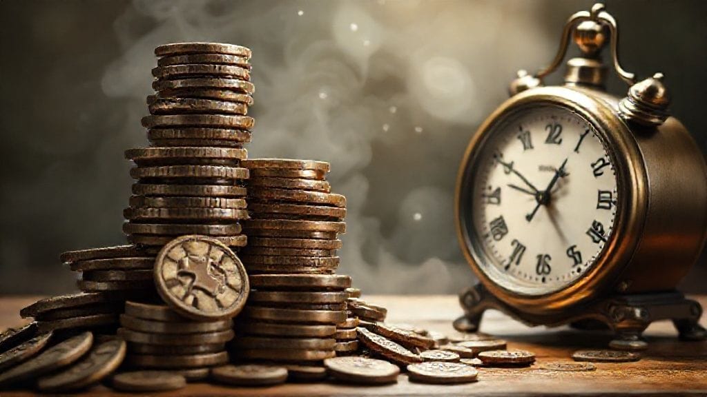 시간이 흐르면서 점점 커지는 엽전 꾸러미와 그 옆에 놓인 시계
