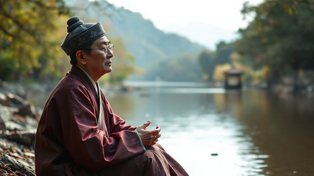 고된 일상 속에서 잠시 벗어나 자연 속에서 평온을 느끼며 쉬고 있는 노비의 모습. 강물 옆에 앉아 물끄러미 강을 바라보며 명상하는 듯한 그림.