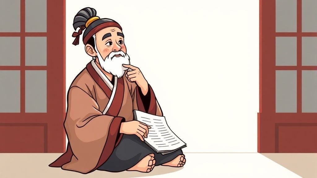 고대 한국의 노비가 부채 장부를 들고 앉아 현명하게 빚을 관리하는 모습을 생각하는 일러스트