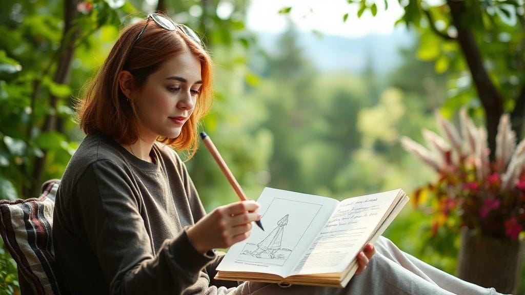 푸른 자연 속에서 책을 읽거나 그림을 그리는 등 평화로운 취미 생활을 즐기는 사람의 모습