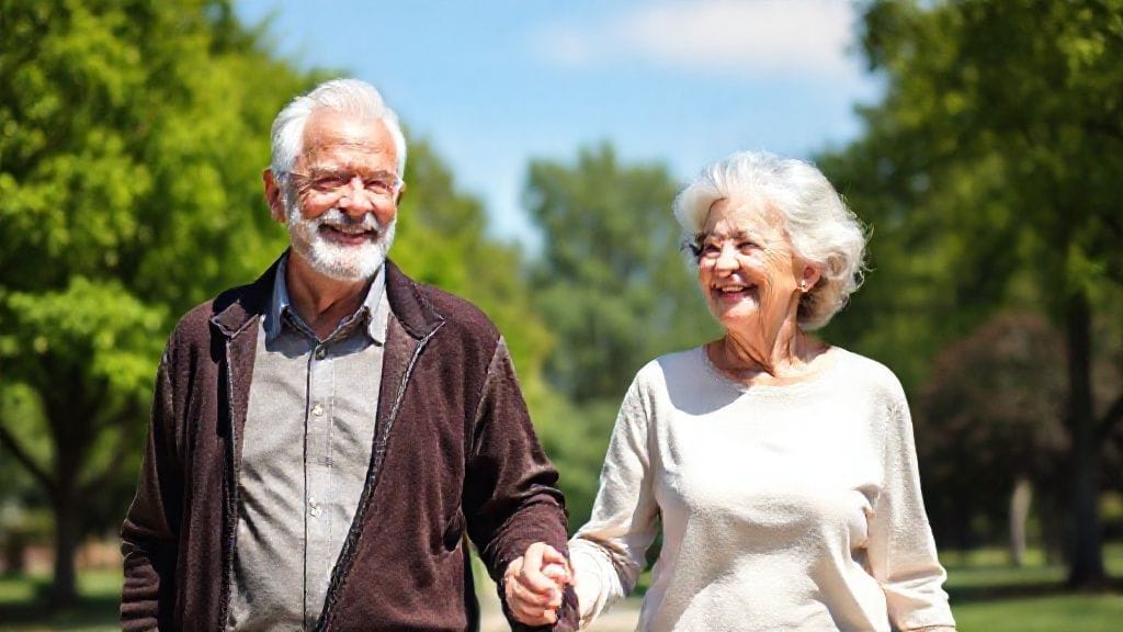 나이든 부부가 평화롭게 웃으며 공원을 걷고 있는 모습, 뒤로는 푸른 하늘과 나무들이 펼쳐져 있다.