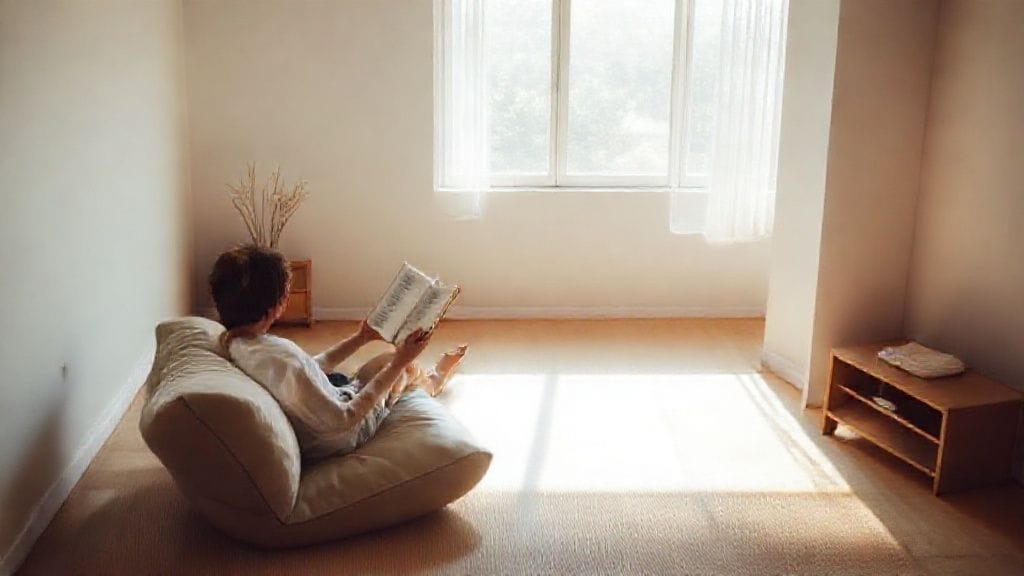 깔끔하게 정리된 방에서 편안하게 책을 읽는 사람의 모습.