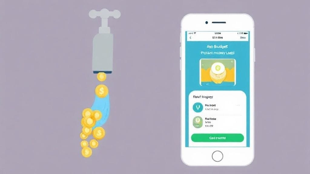 돈이 새는 것을 막는 수도꼭지와 가계부 앱이 함께 있는 이미지